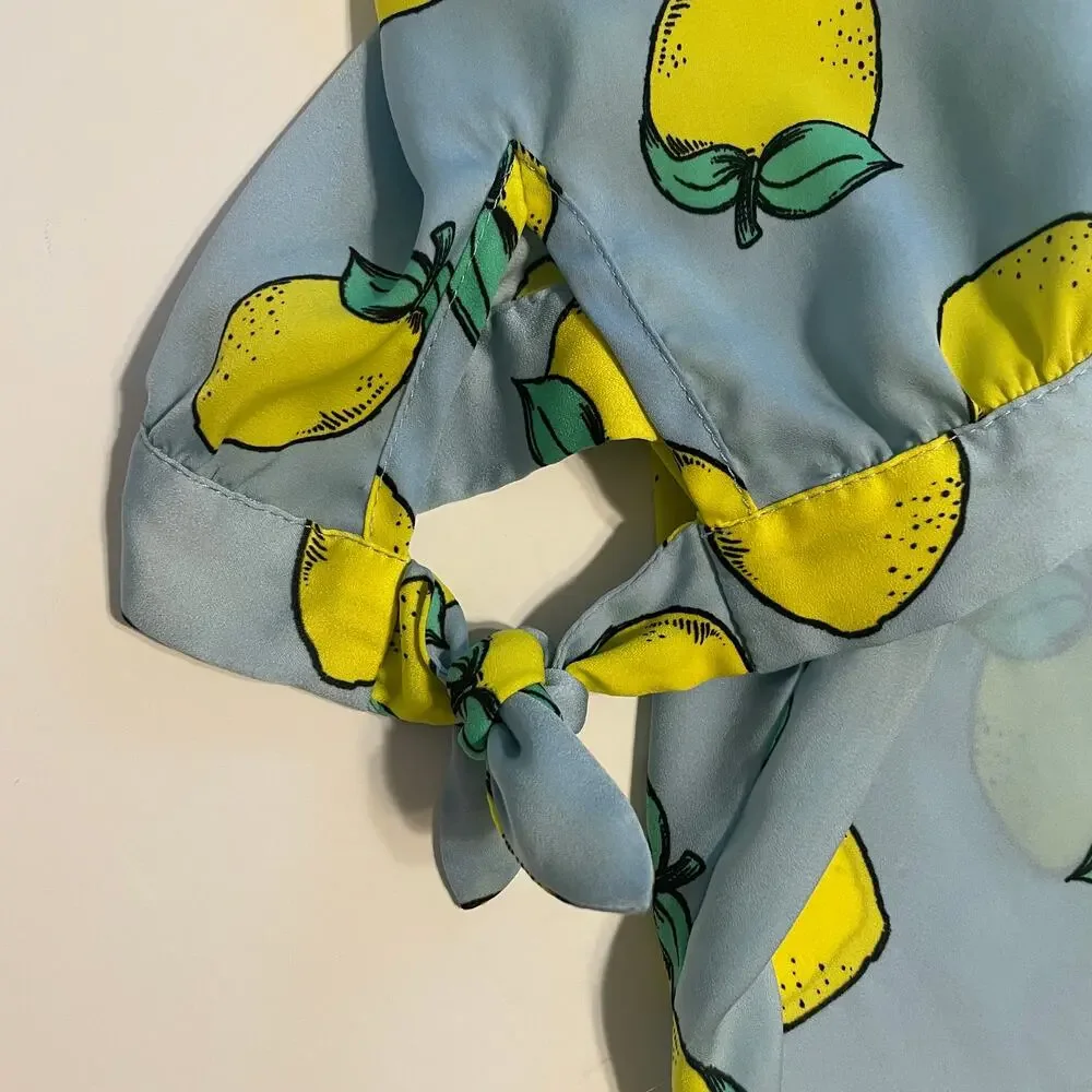 Modcloth Lemon Top Womens Medium Light Blue & Yellow V-Neck Novelty